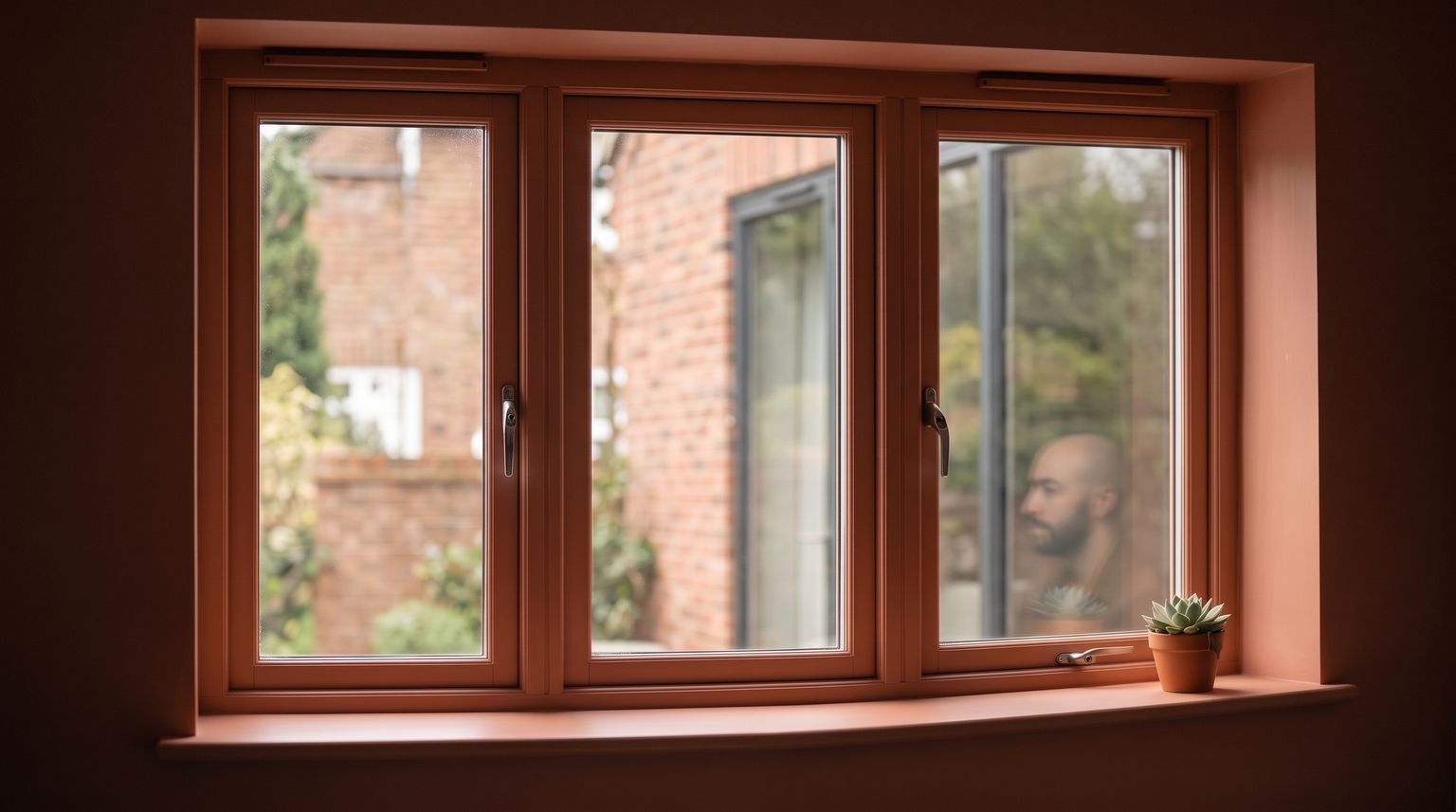 Una ventana con una planta en el alféizar; al otro lado del cristal se ve una persona
